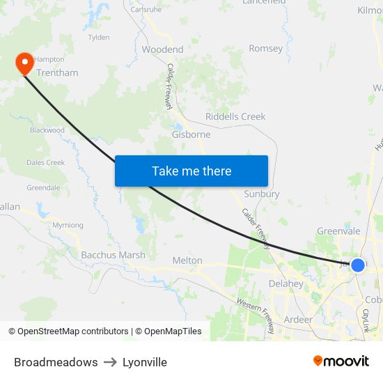 Broadmeadows to Lyonville map