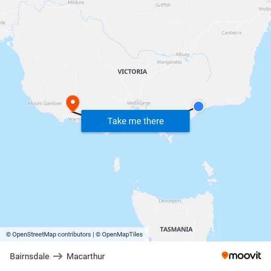 Bairnsdale to Macarthur map