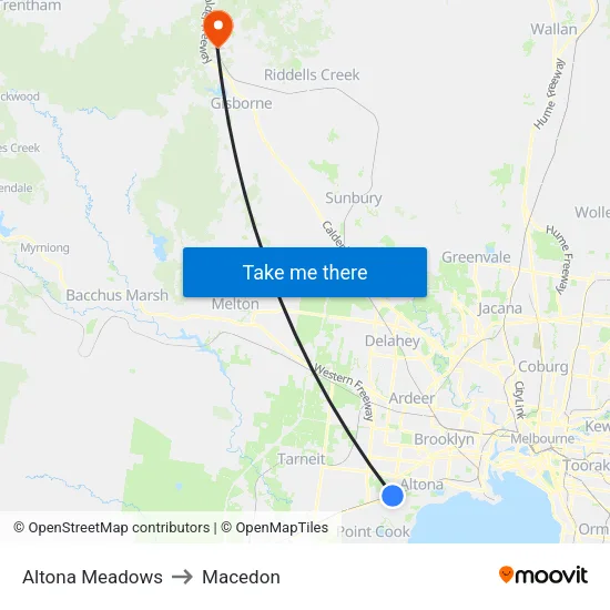 Altona Meadows to Macedon map