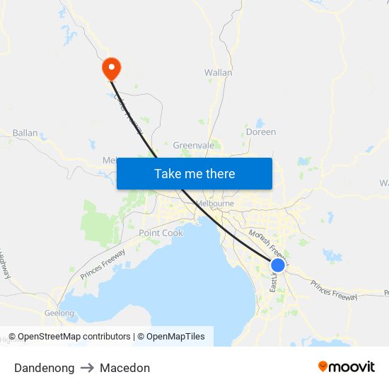 Dandenong to Macedon map