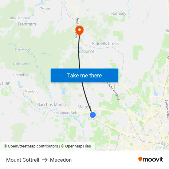 Mount Cottrell to Macedon map