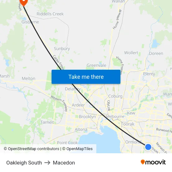 Oakleigh South to Macedon map