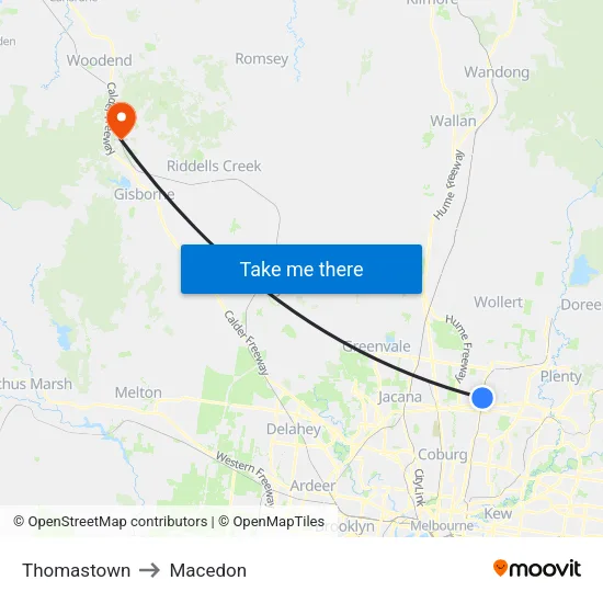 Thomastown to Macedon map