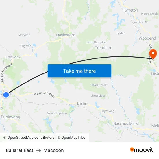Ballarat East to Macedon map