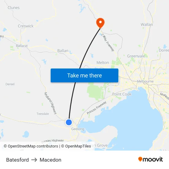 Batesford to Macedon map