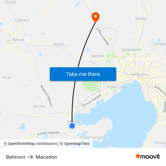 Belmont to Macedon map