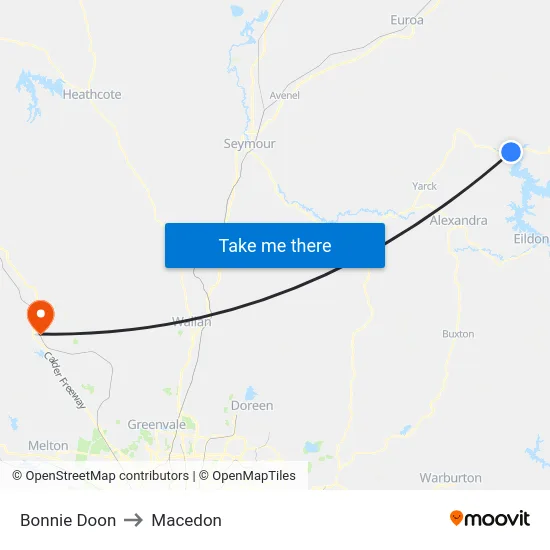 Bonnie Doon to Macedon map