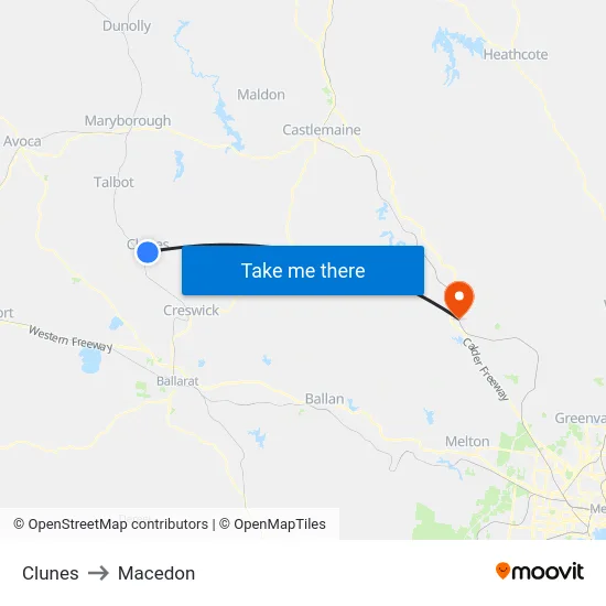 Clunes to Macedon map