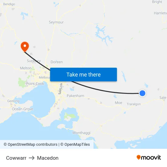 Cowwarr to Macedon map