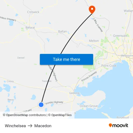 Winchelsea to Macedon map