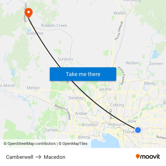 Camberwell to Macedon map