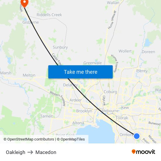 Oakleigh to Macedon map