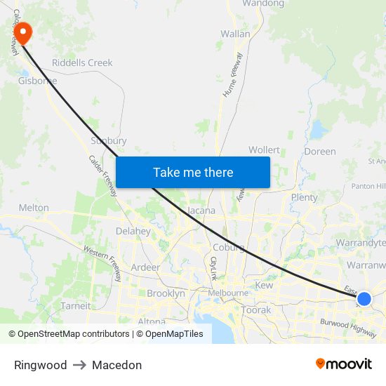 Ringwood to Macedon map
