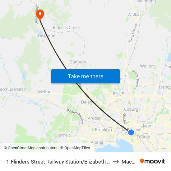 1-Flinders Street Railway Station/Elizabeth St (Melbourne City) to Macedon map