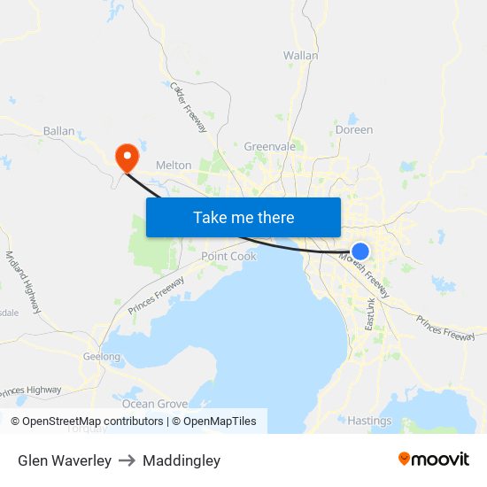 Glen Waverley to Maddingley map