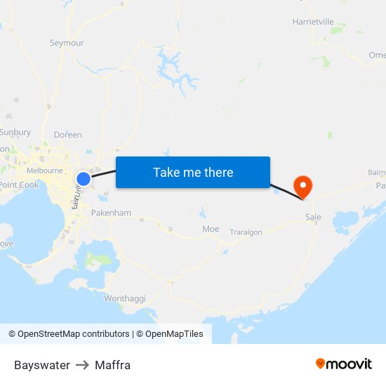 Bayswater to Maffra map