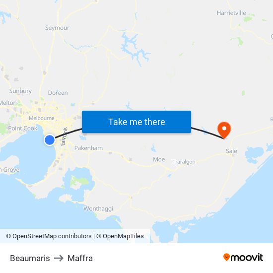 Beaumaris to Maffra map