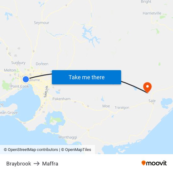 Braybrook to Maffra map