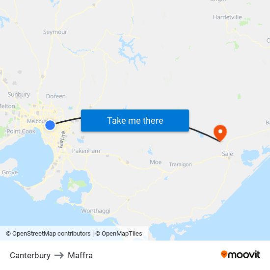 Canterbury to Maffra map