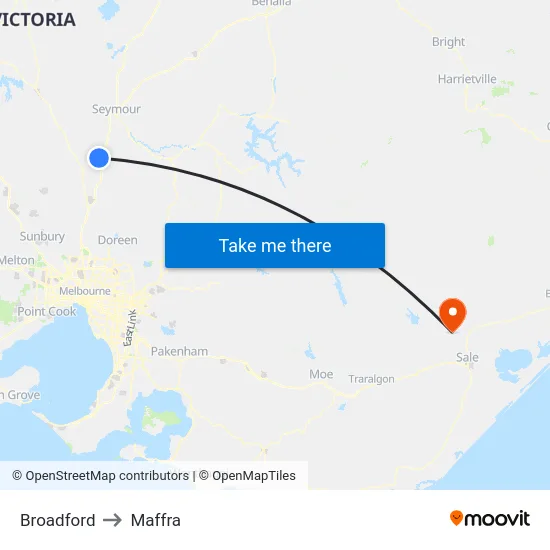 Broadford to Maffra map