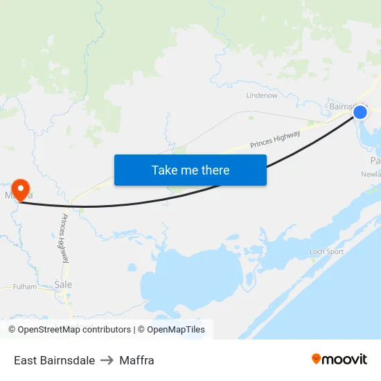 East Bairnsdale to Maffra map