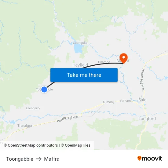 Toongabbie to Maffra map