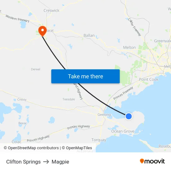 Clifton Springs to Magpie map