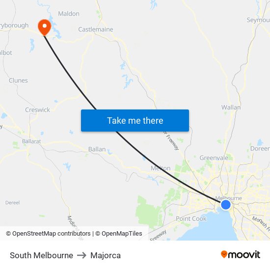 South Melbourne to Majorca map