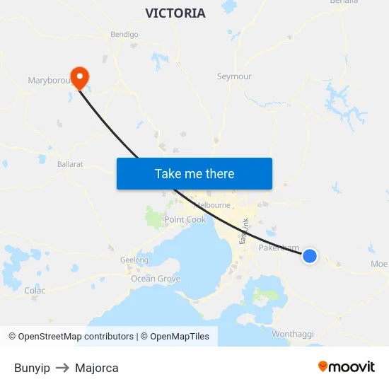 Bunyip to Majorca map