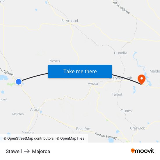 Stawell to Majorca map