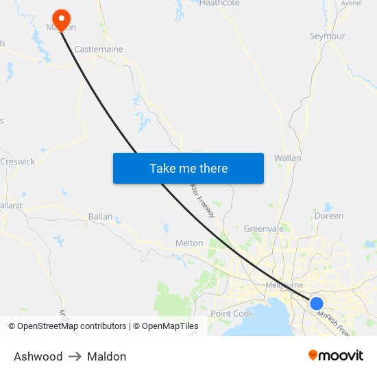 Ashwood to Maldon map