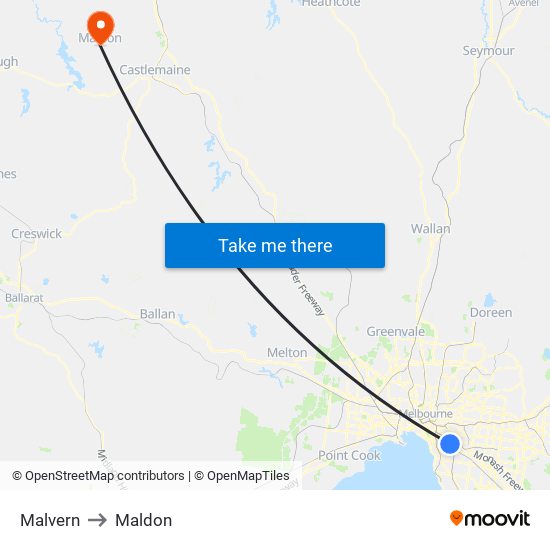 Malvern to Maldon map