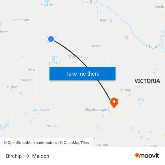 Birchip to Maldon map