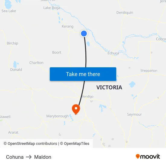 Cohuna to Maldon map