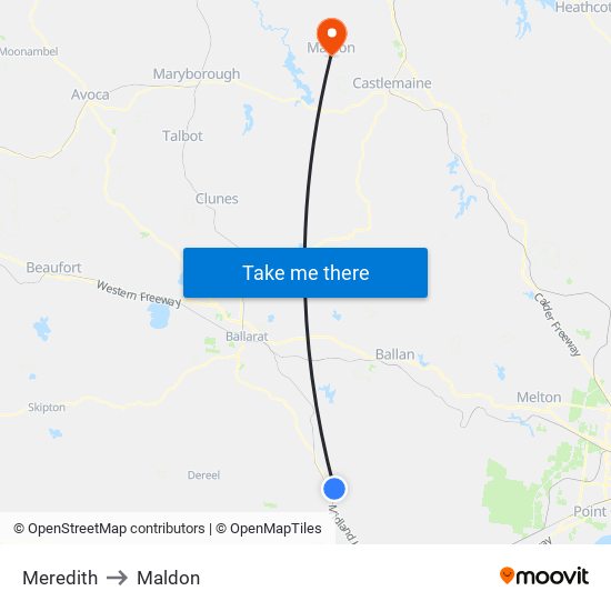 Meredith to Maldon map