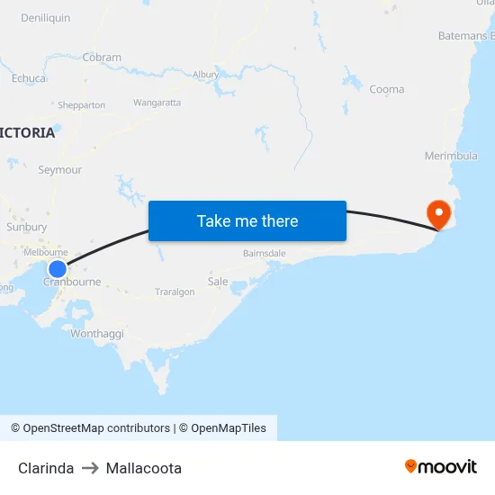 Clarinda to Mallacoota map