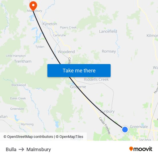 Bulla to Malmsbury map