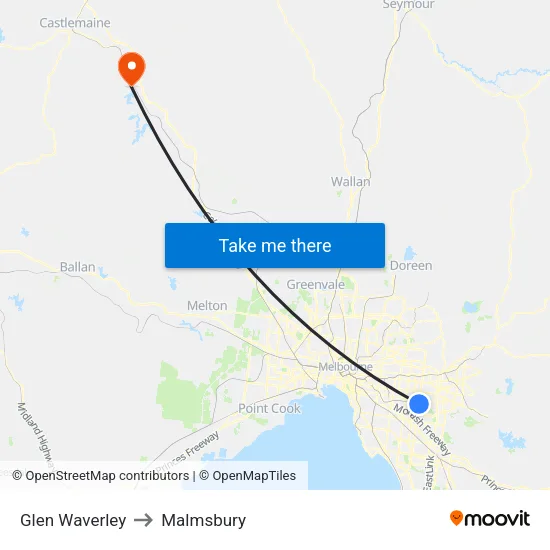 Glen Waverley to Malmsbury map
