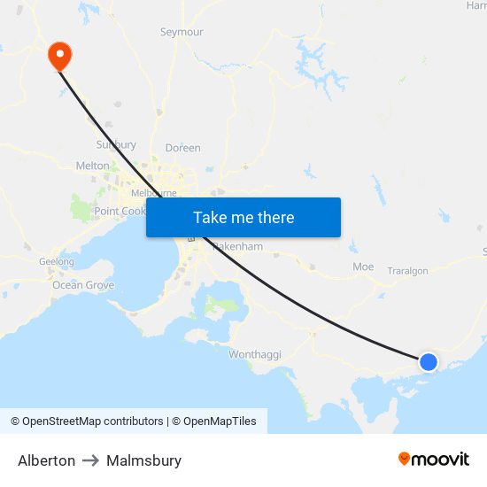 Alberton to Malmsbury map