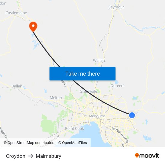 Croydon to Malmsbury map