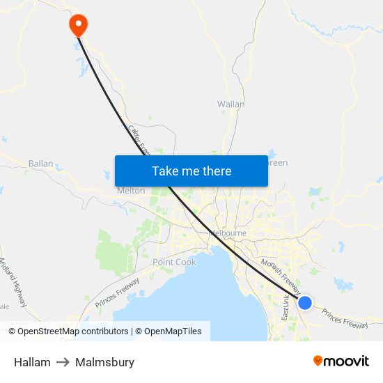 Hallam to Malmsbury map