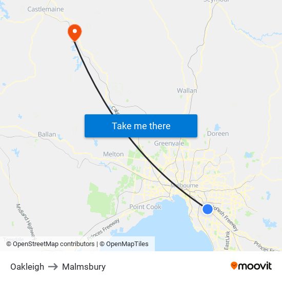 Oakleigh to Malmsbury map