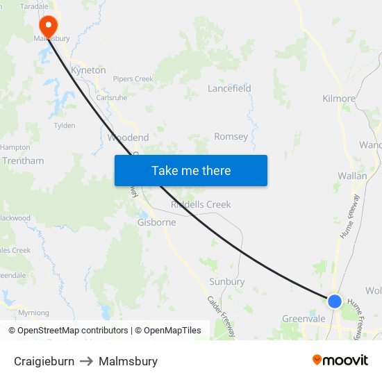 Craigieburn to Malmsbury map