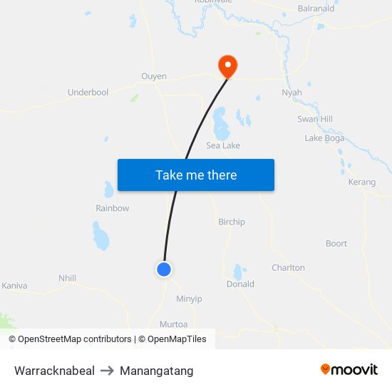 Warracknabeal to Manangatang map