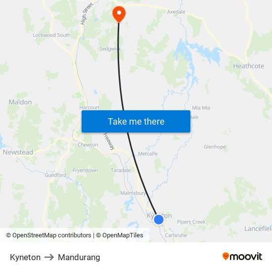 Kyneton to Mandurang map