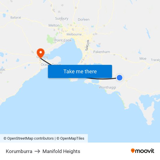 Korumburra to Manifold Heights map