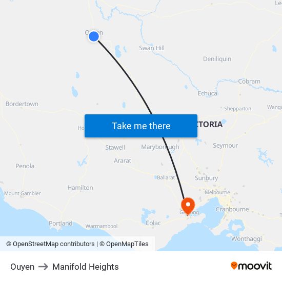 Ouyen to Manifold Heights map