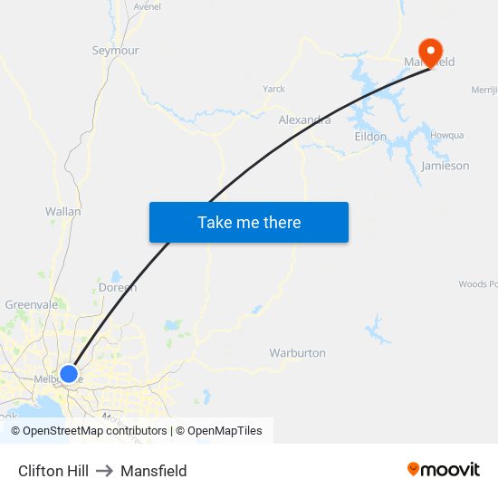 Clifton Hill to Mansfield map