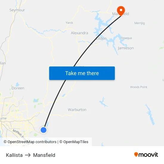 Kallista to Mansfield map