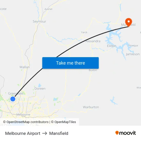 Melbourne Airport to Mansfield map